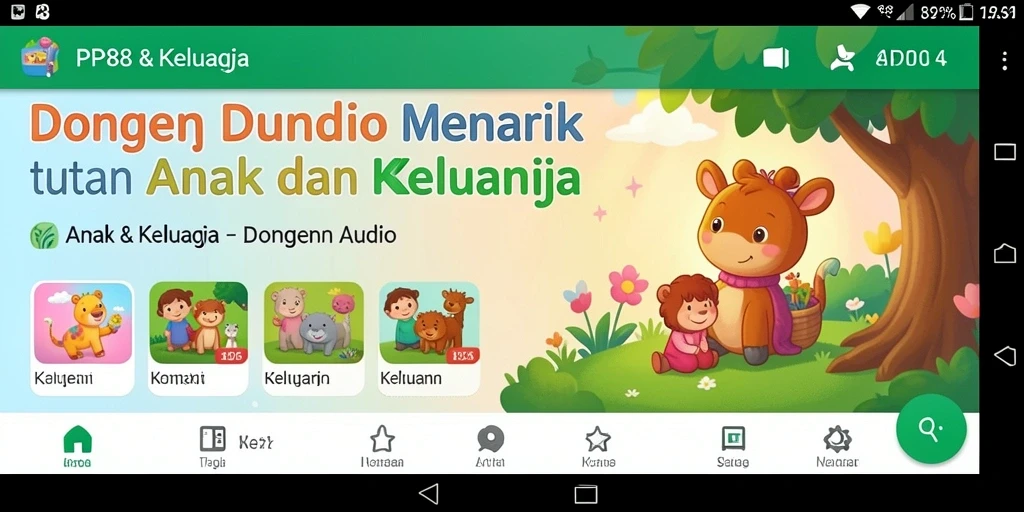 Tampilan antarmuka PP88 yang ramah anak dengan koleksi dongeng audio.